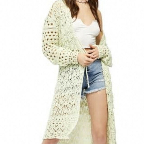 NEW FREE PEOPLE Sweet Talker Long Crochet Cardigan SWEATER SIZE XS HONEYDEW - Picture 4 of 5